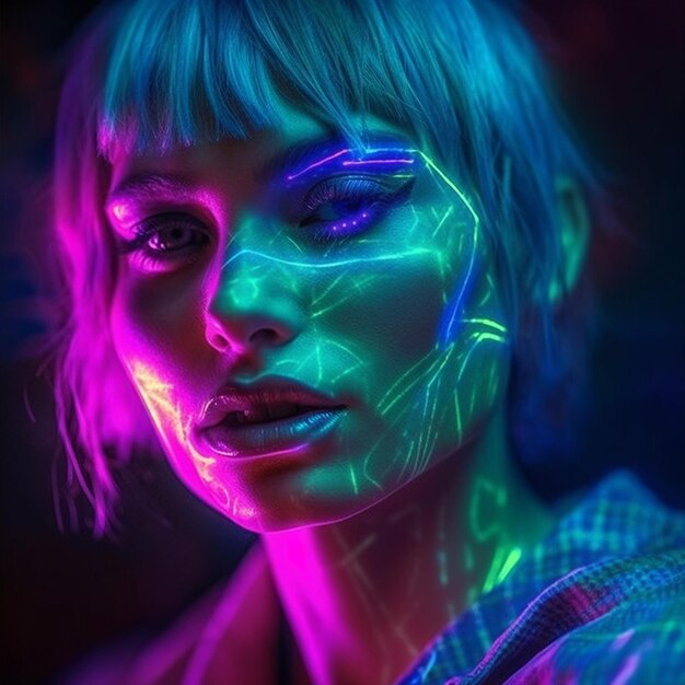 Foto una mujer con un rostro colorido y un efecto de luz multicolor.