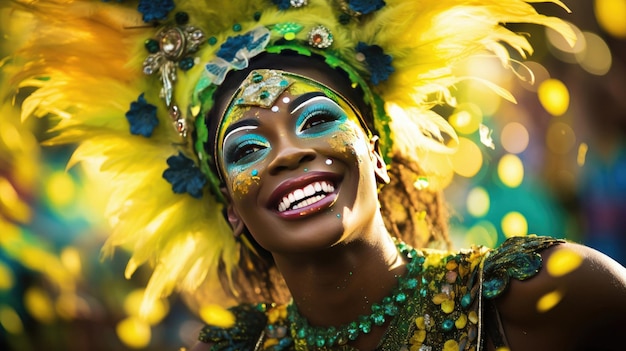 una mujer de rostro colorido y tocado de plumas amarillas.