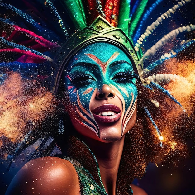 Foto mujer con rostro pintado de colores traje de carnaval y máscara y largas plumas de colores en su cabello vestidos de carnaval máscaras y decoraciones