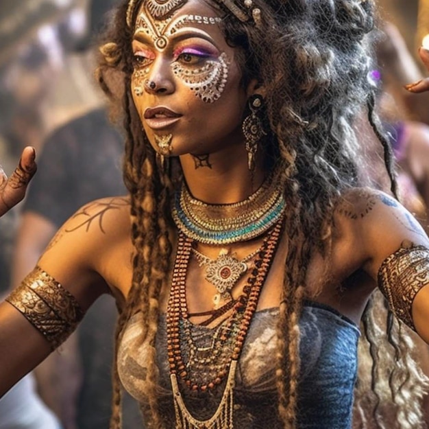 Una mujer con el rostro pintado en oro y plata, con la palabra magia en el frente.