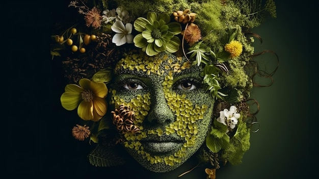 Una mujer de rostro verde hecho de hojas y flores.