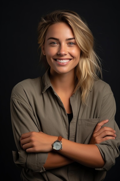 Mujer rubia alegre con los brazos cruzados Fondo gris