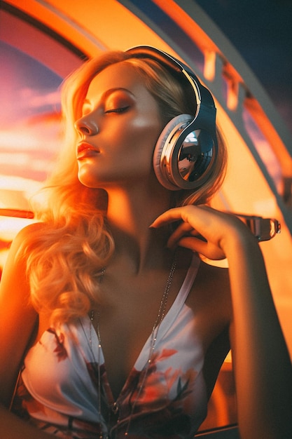 Mujer rubia con auriculares posando por la noche con un sol