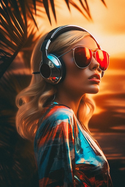 Mujer rubia con auriculares posando por la noche con un sol