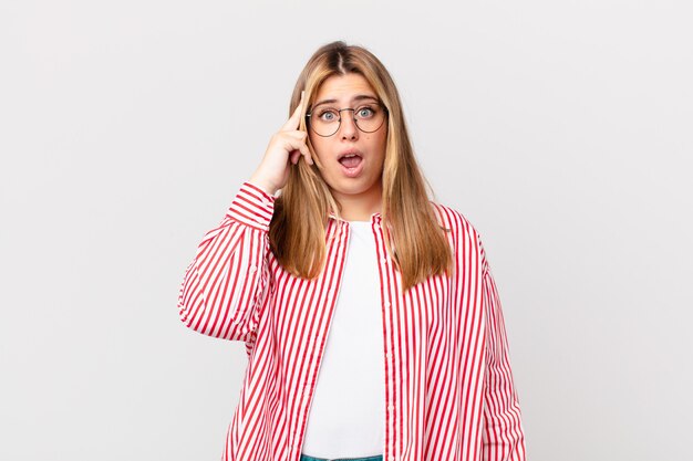 Mujer rubia bonita con curvas que parece sorprendida, dándose cuenta de un nuevo pensamiento, idea o concepto