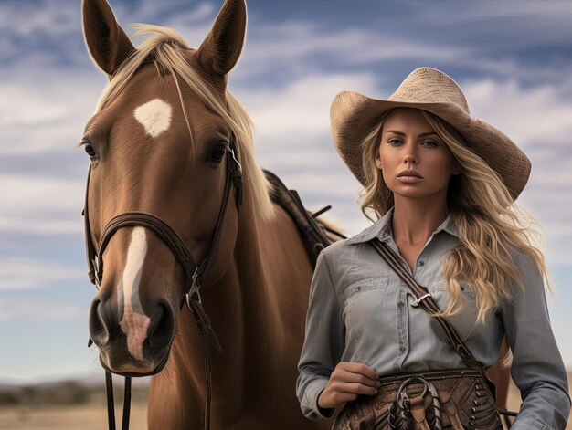 Foto una mujer rubia en botas de vaquero de pie junto a un caballo mientras sostiene una rienda en el estilo de tooth wu