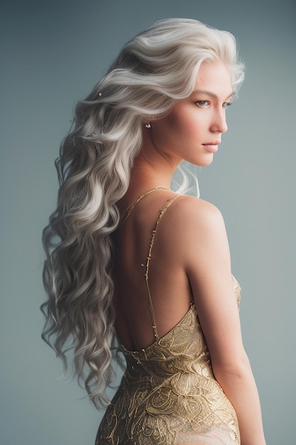 Una mujer rubia con cabello largo plateado y un vestido dorado.