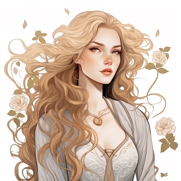 mujer rubia con cabello largo y un vestido blanco con rosas generativo ai