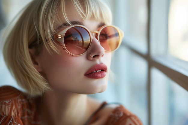 Foto mujer rubia de cabello negro corto con un par de gafas de sol