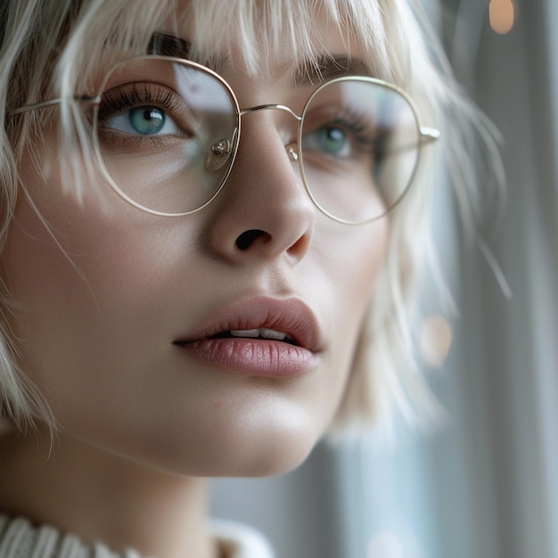 mujer rubia de cabello negro corto con un par de gafas