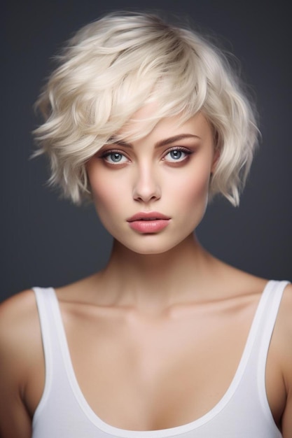 Una mujer rubia con cabello rubio corto y una camiseta blanca.