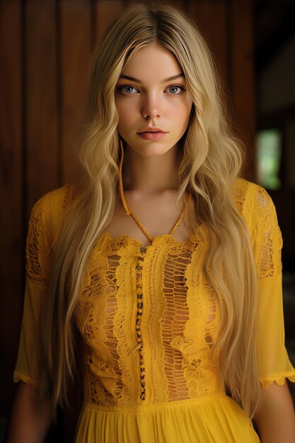 una mujer rubia con el cabello rubio largo usando una tapa amarilla con una cadena de oro en ella