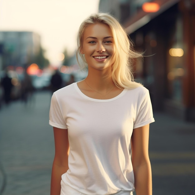 Una mujer rubia con una camisa blanca está sonriendo.