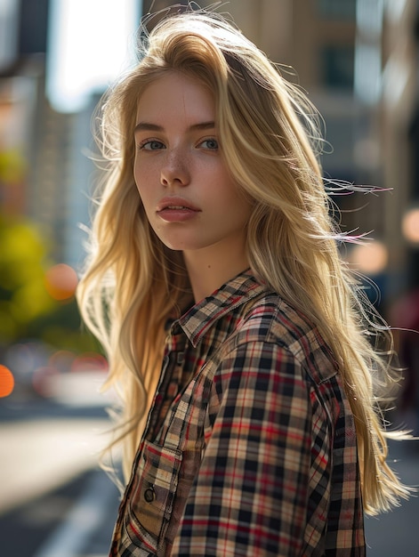 Una mujer rubia con una camisa Burberry.