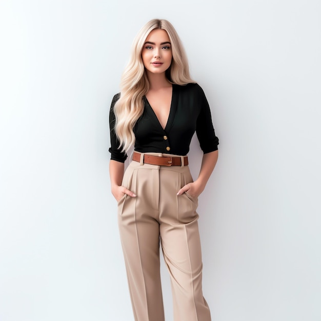 Una mujer rubia con una camisa negra y pantalones caqui esta de pie frente a un fondo blanco. Imagen Premium generada con IA
