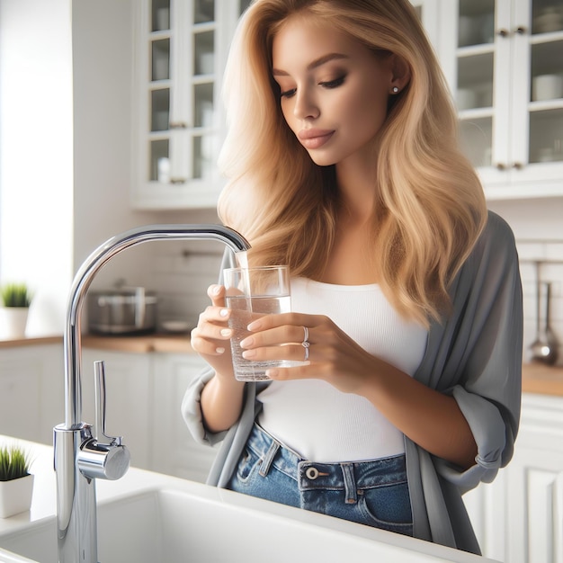 Mujer rubia en camiseta azul pastel llenando el vaso con agua del grifo del grifo en la cocina blanca