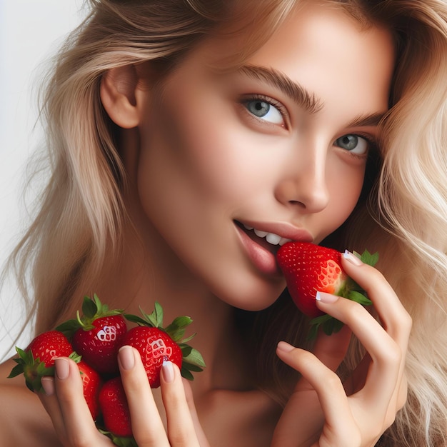mujer rubia caucásica come fresa fresa sobre fondo blanco