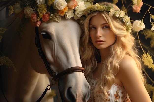 Una mujer rubia con una corona de uvet en la cabeza está cerca de un caballo blanco