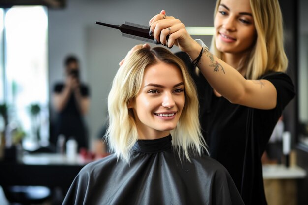 Una mujer rubia se corta el cabello en el salón.