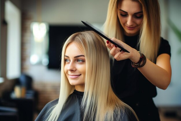 Una mujer rubia se corta el cabello en el salón.