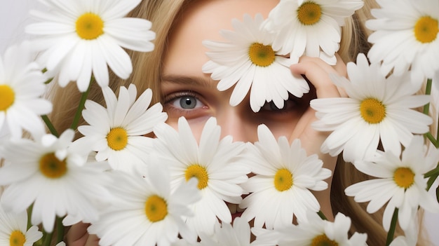 mujer rubia cubierta de flores de margarita