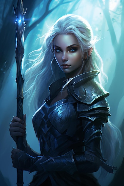 mujer rubia con espada en el bosque oscuro con luz azul generativa ai