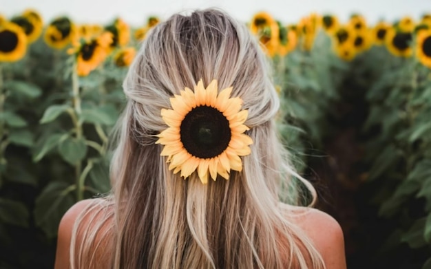 Foto mujer rubia con la espalda en un campo de girasoles