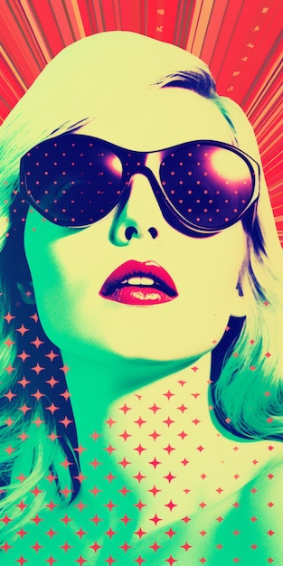 Foto mujer rubia con estética inspirada en el pop art y iconografía americana