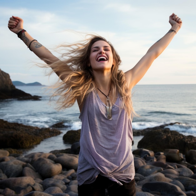 Una mujer rubia extasiada celebra la vida y la libertad en una playa rocosa al atardecer.