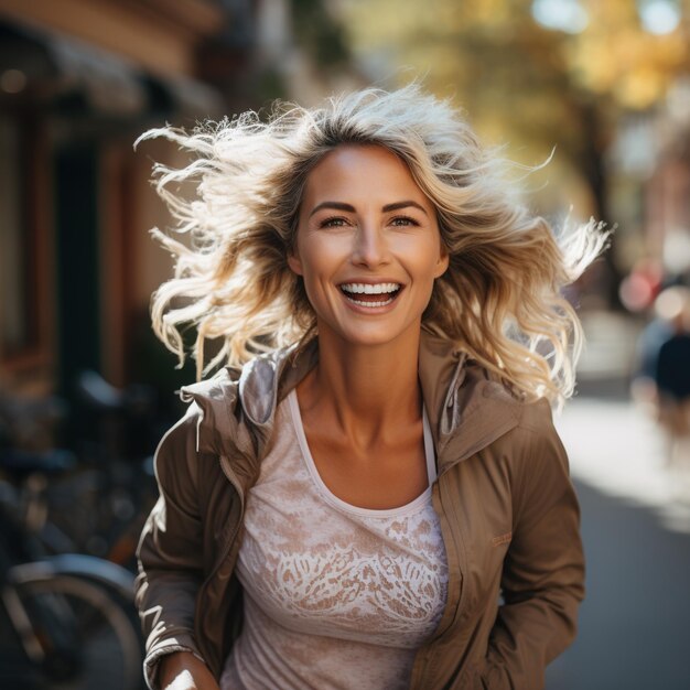 Mujer rubia feliz caminando por la calle