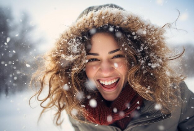 Una mujer rubia feliz disfrutando de la nieve.