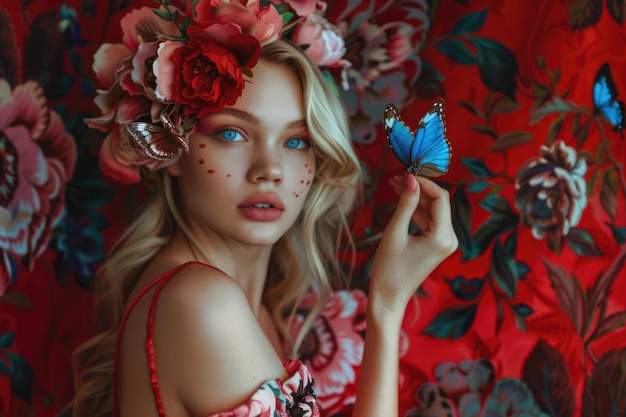 Mujer rubia con flores y mariposa en fondo oscuro