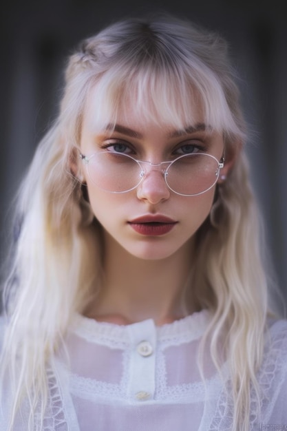 Una mujer rubia con gafas y una camisa blanca.