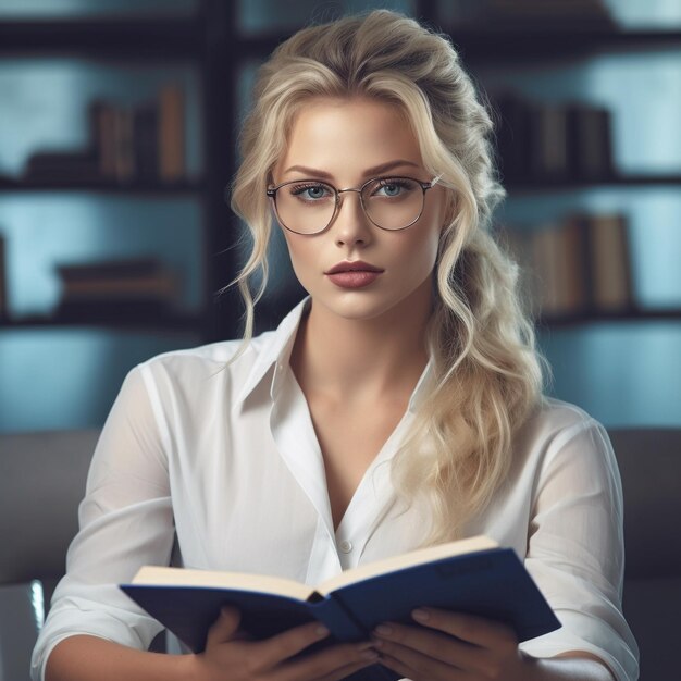 una mujer rubia con gafas leyendo un libro