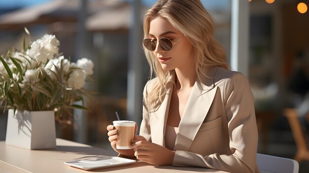 mujer rubia con gafas de sol sentada en una mesa con una taza de café IA generativa