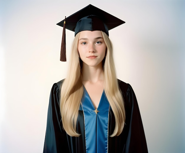 una mujer rubia en una gorra de graduación azul con una cruz de oro en la parte superior