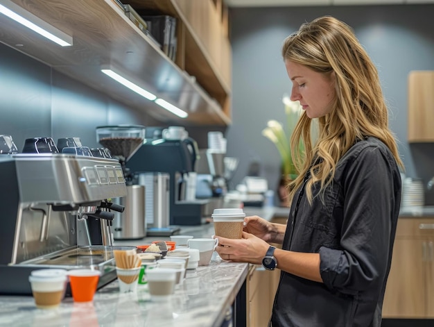 Foto mujer rubia haciendo café con una máquina de espresso