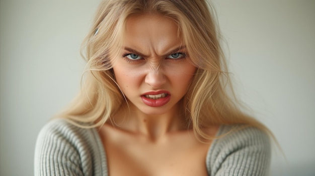 Mujer rubia haciendo una cara enojada con cejas arrugadas en primer plano