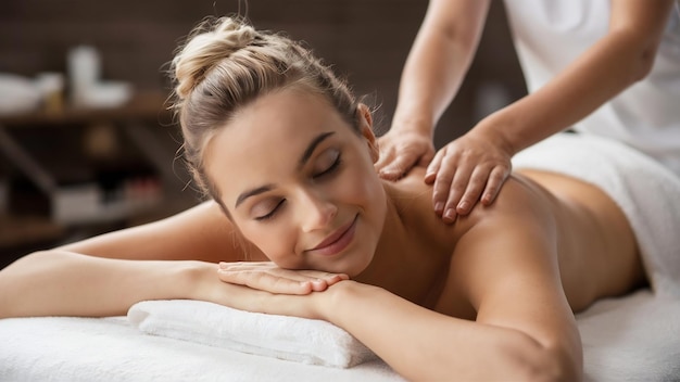 Mujer rubia joven haciendo masaje en el salón de spa