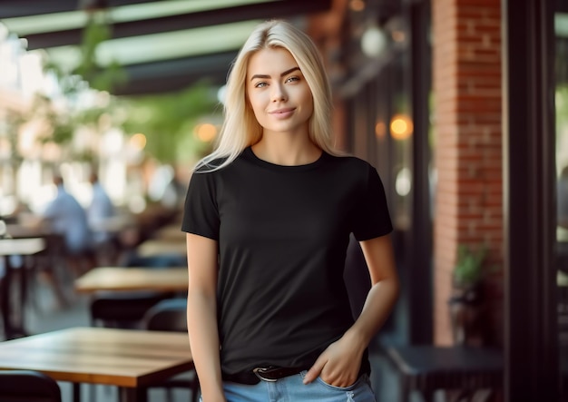 Mujer rubia joven con maqueta de camiseta negra Bella Canvas