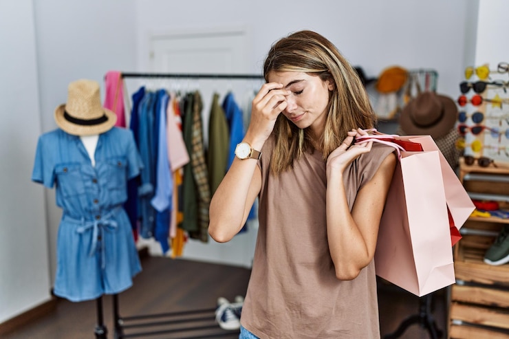 Foto mujer rubia joven sosteniendo bolsas de compras en la tienda minorista cansada frotándose la nariz y los ojos sintiendo fatiga y dolor de cabeza concepto de estrés y frustración