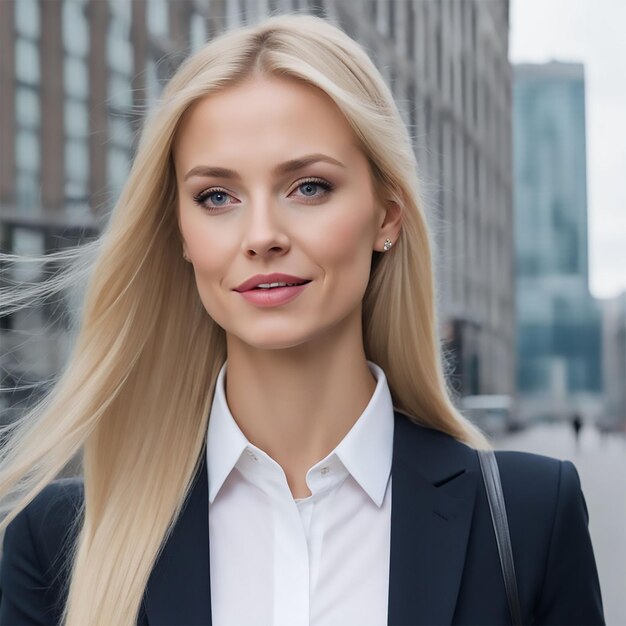 Foto una mujer rubia lleva un blazer negro y una camisa blanca