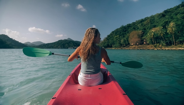 Mujer rubia de pelo largo con gafas de sol filas de canoa rosa brillante a lo largo del agua de la bahía del mar a la playa