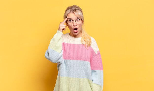 Mujer rubia que parece sorprendida, con la boca abierta, conmocionada, dándose cuenta de un nuevo pensamiento, idea o concepto