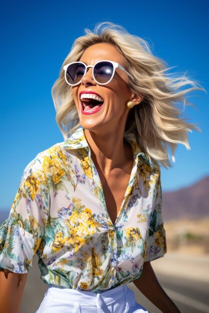 Una mujer rubia riendo con una camisa de flores