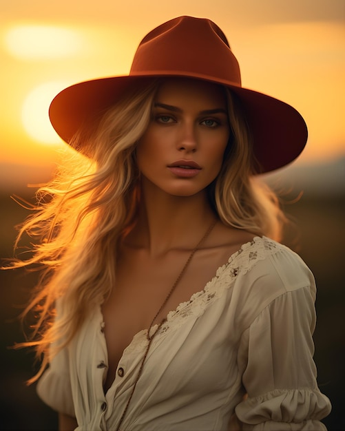 Foto mujer rubia con sombrero al atardecer