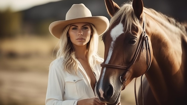 Una mujer rubia con un sombrero y ropa de montar está al lado de un caballo marrón en una granja