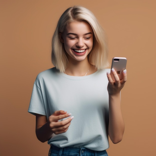 una mujer rubia sonriente sonríe y sostiene un teléfono con una sonrisa