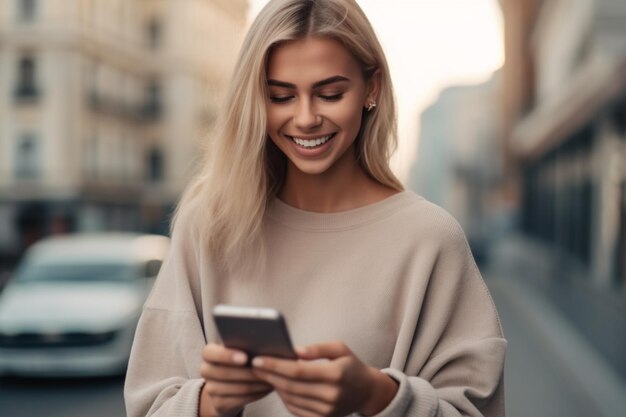 mujer rubia sonriente con un teléfono en la calle