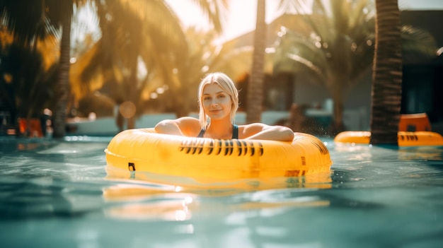 Mujer rubia sonriente en traje de baño nadando en un anillo inflable en la piscina Diversión de verano en la piscina